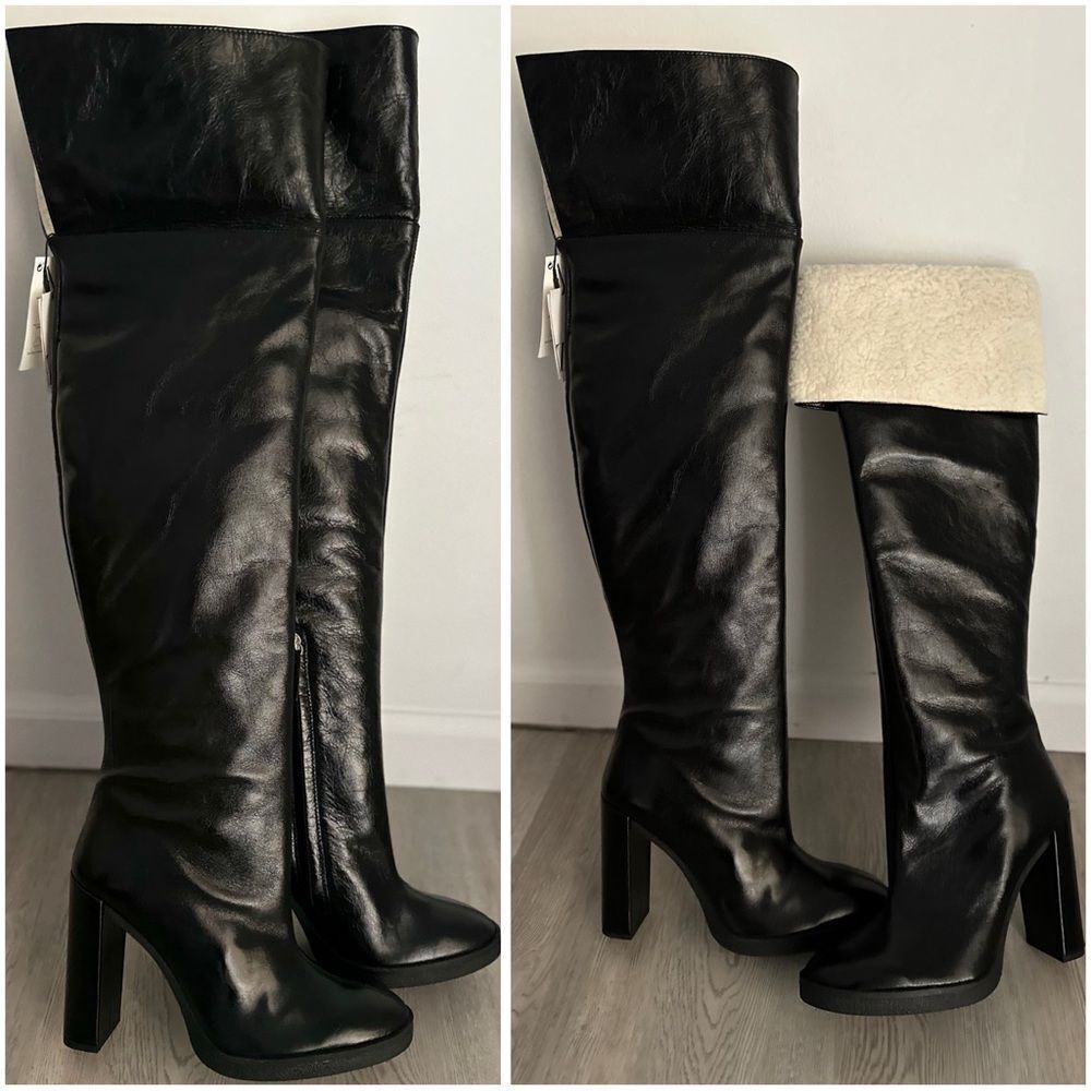 Zara OVER-THE-KNEE LEATHER BOOTS WITH FAUX SHEARLING LINING